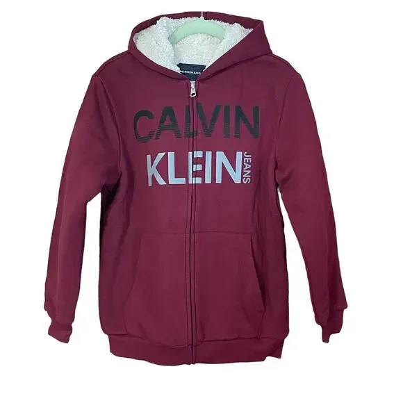 Calvin Klein Jeans Logo Kids Front Zip Hooded Sweatshirt in Burgundy L 14/16 NWT