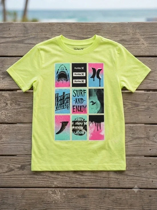 New Hurley Boys Graphic T-Shirt Size 6/7 Neon Surf Tee