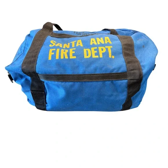 Vintage Santa Ana Fire Dept Blue Canvas Duffel Bag Gear Bag Yellow Lettering