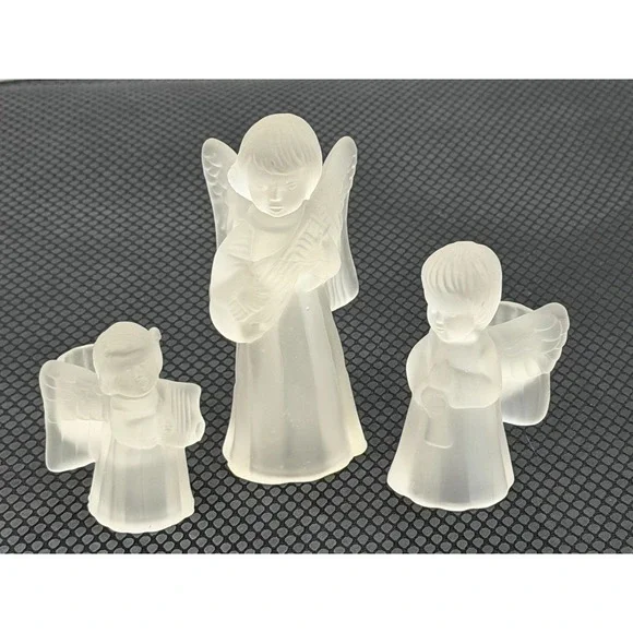Crystal Caroling Angels Candle Holders Frosted Playing Musical Instruments Set 3