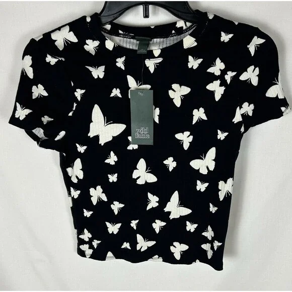 Wild Fable Girl’s Med. Butterfly Crop Top Shirt Black White Ribbed Short Sleeve
