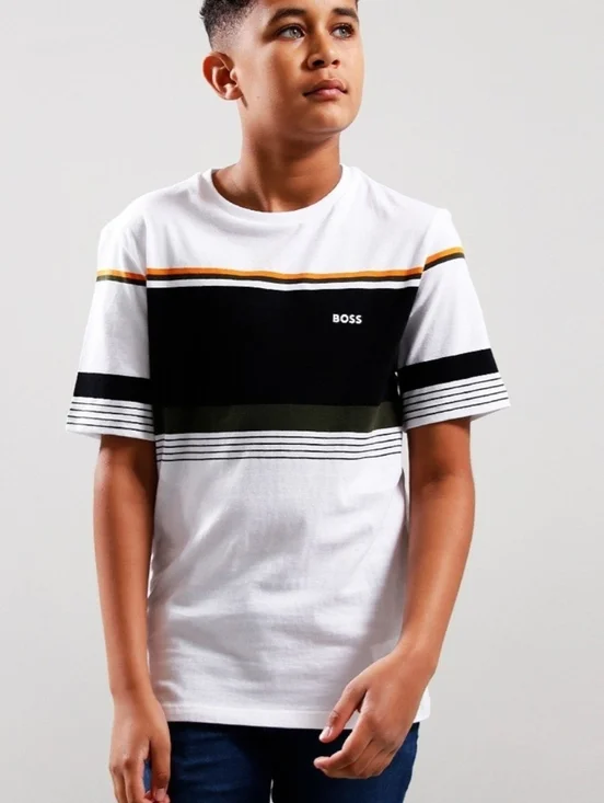 BOSS by HUGO BOSS Boy's T-Shirt Colorblock 100% Cotton White Tee Size 16y
