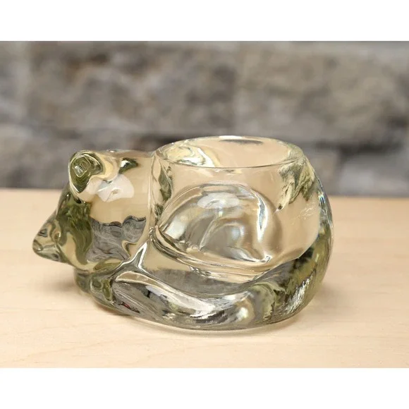 Indiana Glass Sleeping Cat Kitten Glass Votive Candle Holder Vintage