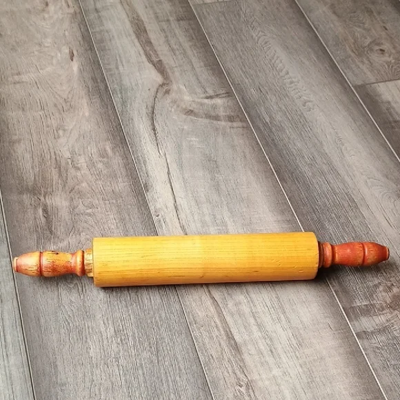 Vintage Wooden Rolling Pin with Red Handles