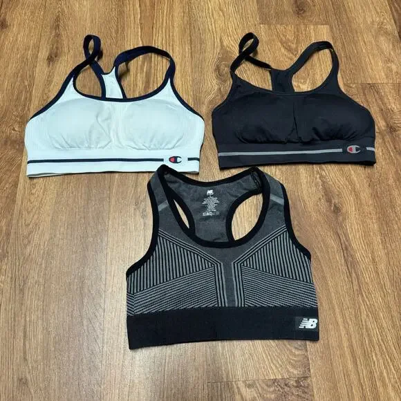 Set of 3 Girls Champion New Balance Sports Bras Size Small/8-10 Black White Gray