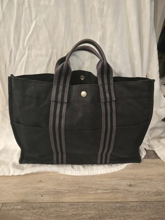 Live Show Only Hermes Black Canvas Tote Bag with Gray Striped Handles - Men Bags