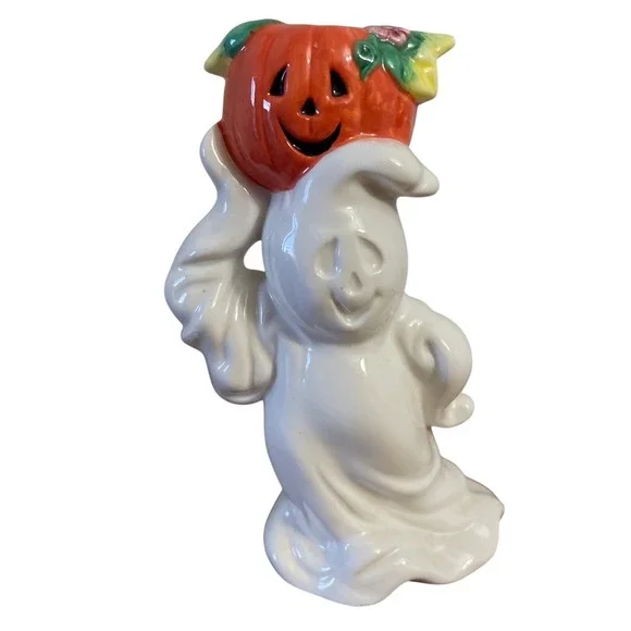 Vintage Mervyns Ceramic Ghost Holding Pumpkin Halloween Taper‎ Candle Holder