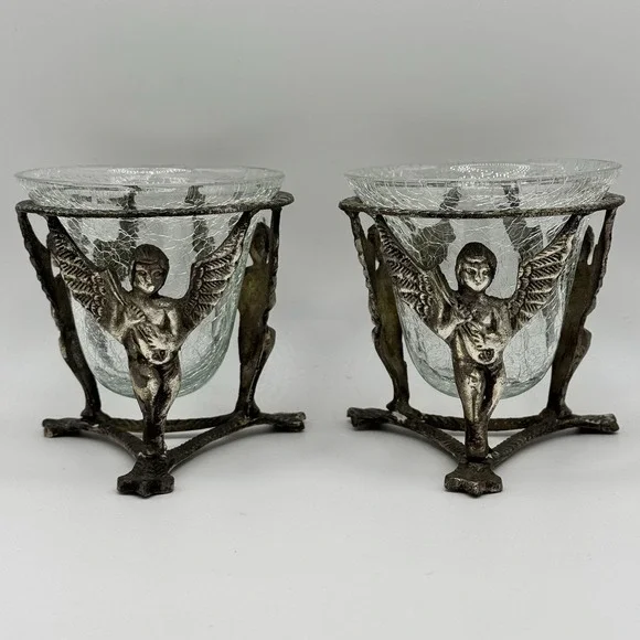 Vintage Crackle Glass Candle‎ Holders w/ Brass Cherub Angel Stands – Set of 2