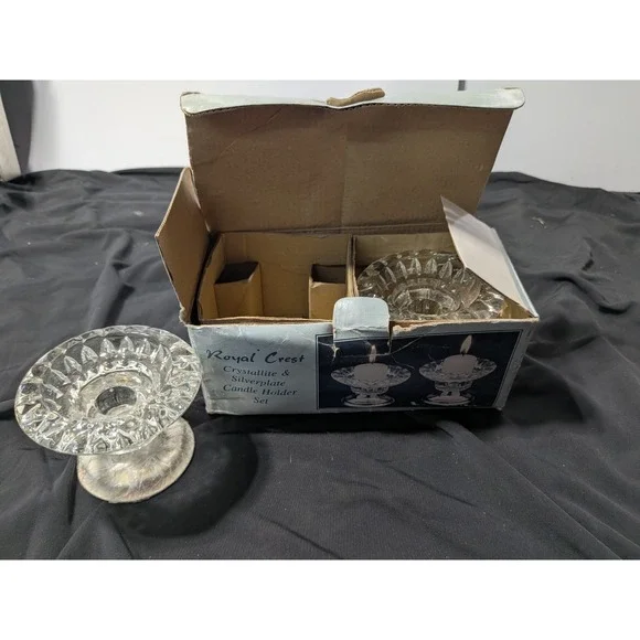 Royal Crest Crystallite & Silverplate Candle Holder Set - New Open-box