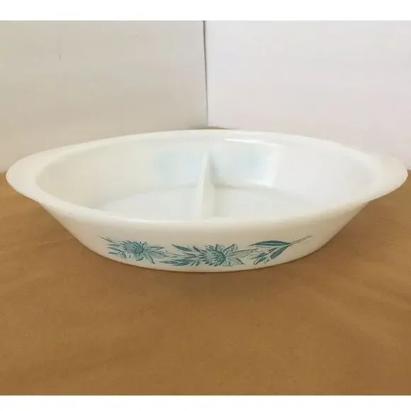 Glasbake Divided Baking Dish Serving Bowl Aqua Blue Thistle Jeanette Milk Glass