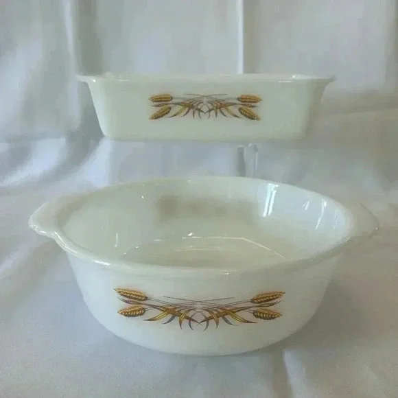 Vintage Fire-King Anchor Hocking Wheat 1 Qt and 2 Qt Bakeware Casserole Dishes