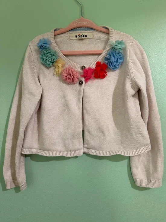 Mini Boden Occasion Tulle Flower Cream Cardigan Sweater Girls 3T