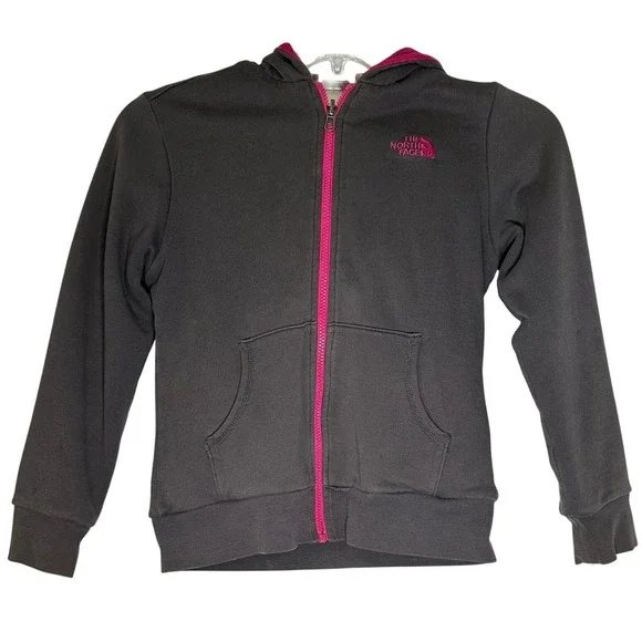North Face Girls Hoodie Reversable Zip Up Cozy Fleece Gray/Pink Gorpcore Vacay