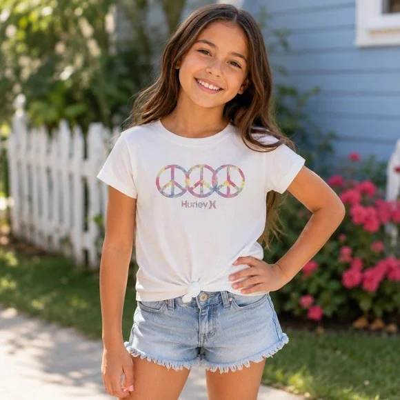 Hurley Girls L Graphic T-Shirt Peace Sign Logo‎ White Tee Summer Top