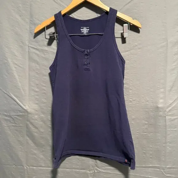 Tommy Hilfiger Girls Tank Top Shirt Size L (10-12) Navy Blue Henley Cotton