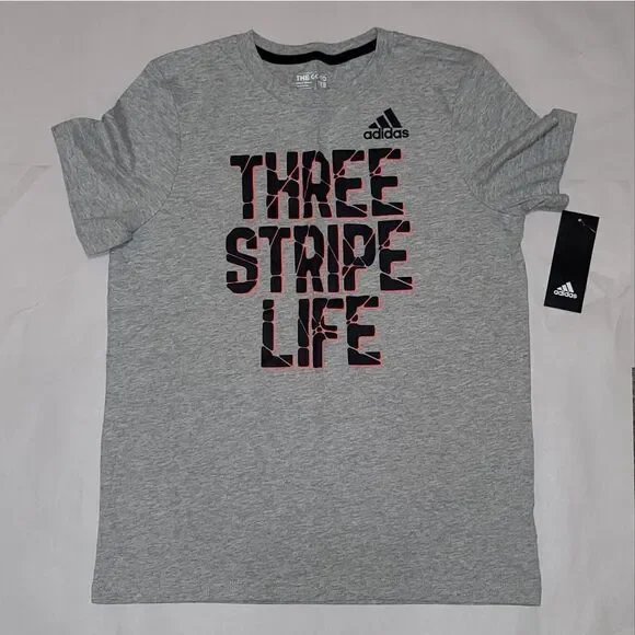 NWT Adidas Kids Grey 'Three Stripe Life' The Go To SS T-Shirt Size M 8-10