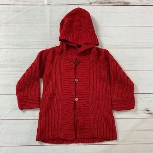 Tea Collection Kids Red Hooded Long Sleeve Button Up Knit Sweater