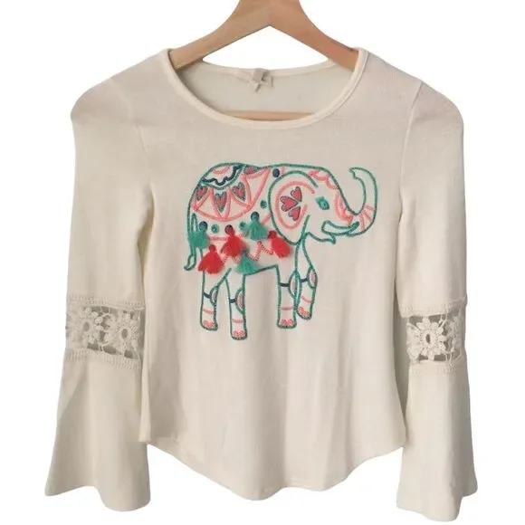 Self Esteem Boho Bell Sleeve with Embroidered Elephant Pattern Blouse in Size XS