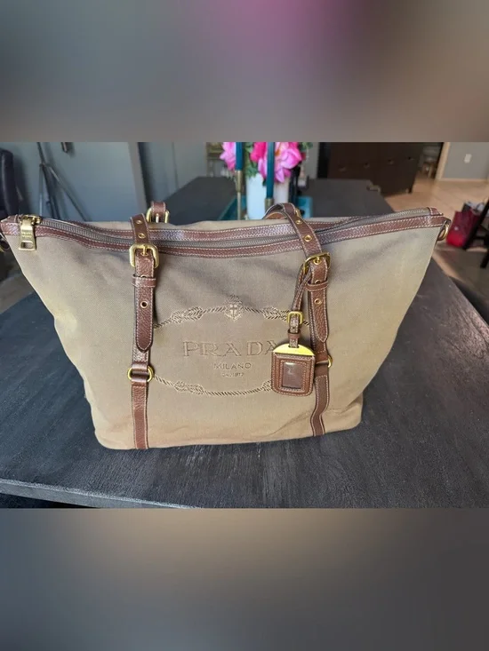Prada Brown Canvas Tote with Leather Trim