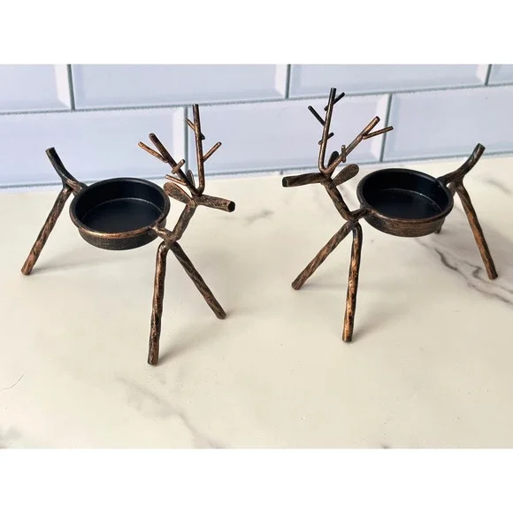Rustic Metal Reindeer Tea Light Candle Holders Set of 2 Bronze Holiday Decor