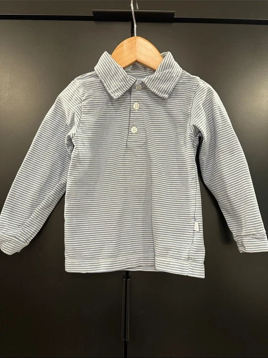 Bella Bliss Cotton Striped Long-Sleeve Polo Shirt in Light Blue and White