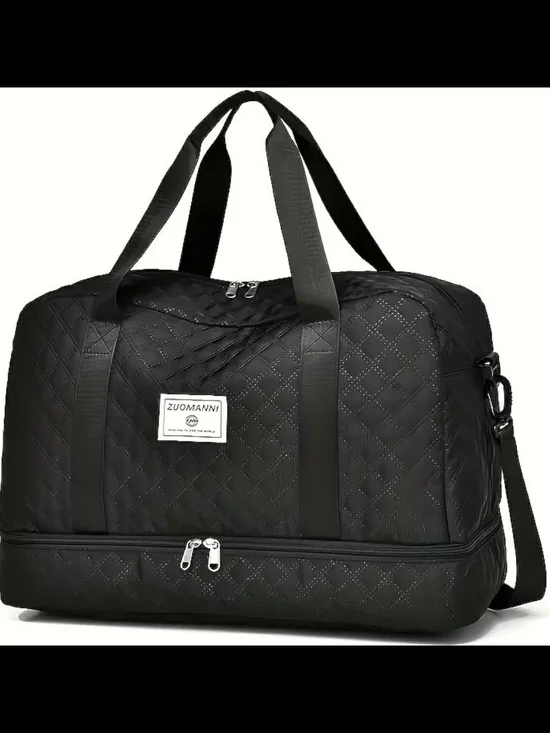Black Quilted Duffel Bag with Bottom Shoe Compartment