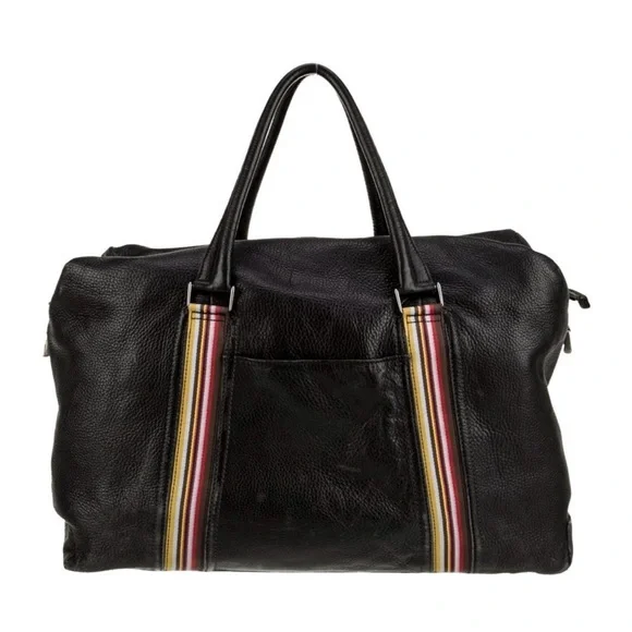 Paul Smith Black Leather Weekender Bag with Multicolor signature strip