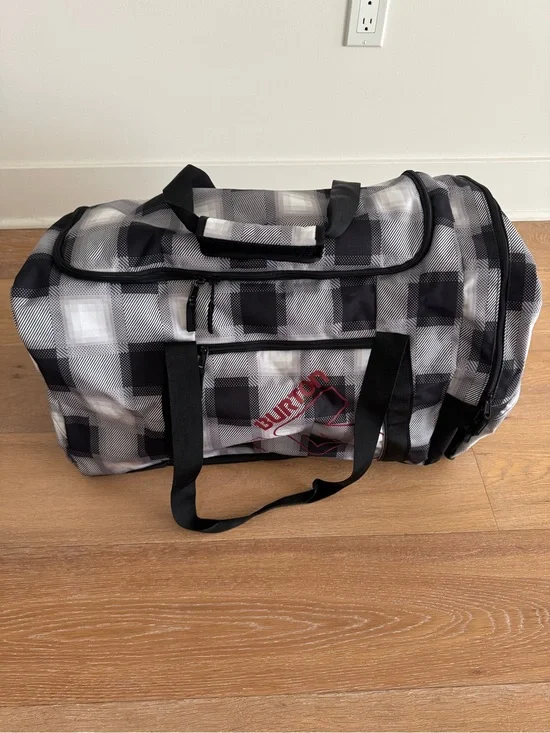 Burton Boothaus Gray & White Plaid Duffel Bag with Red Logo
