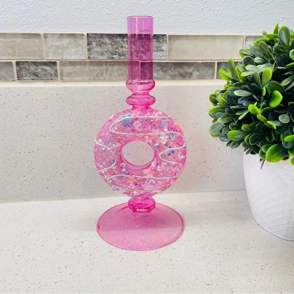 NEW Pink Glass Donut Taper Candle Holder Glitter Sequin Accents‎ Kitsch Decor