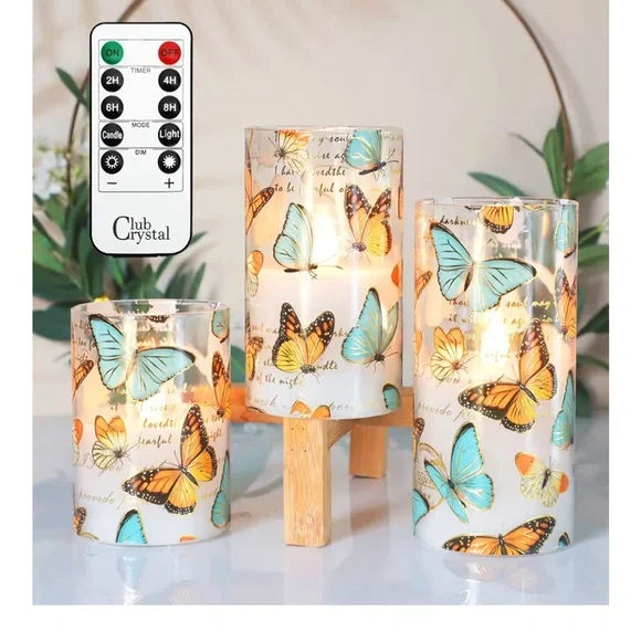 Crystal Club Glass Flameless Candles, Butterfly Decor Flickering Battery
