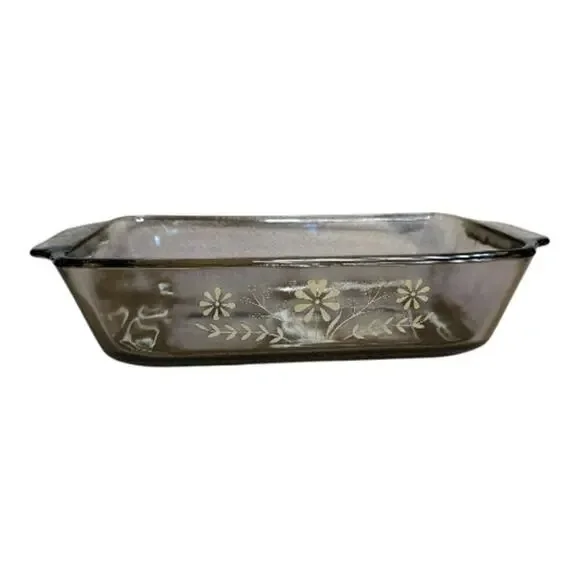 Vntg Amber Glass Yellow Daisies 9x5 Glasbake Jeannette Casserole Baking Dish