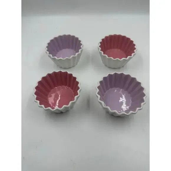 Purple and Pink Ceramic Ramekin, Fluted White Custard Cup, Small Round Ramekin