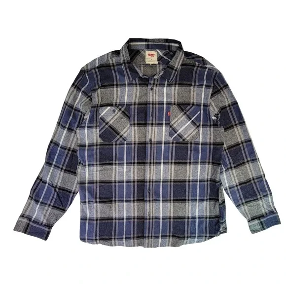 Levi's‎ Men's Plaid Flannel Long Sleeve Button Up Shirt XXL Blue Grey