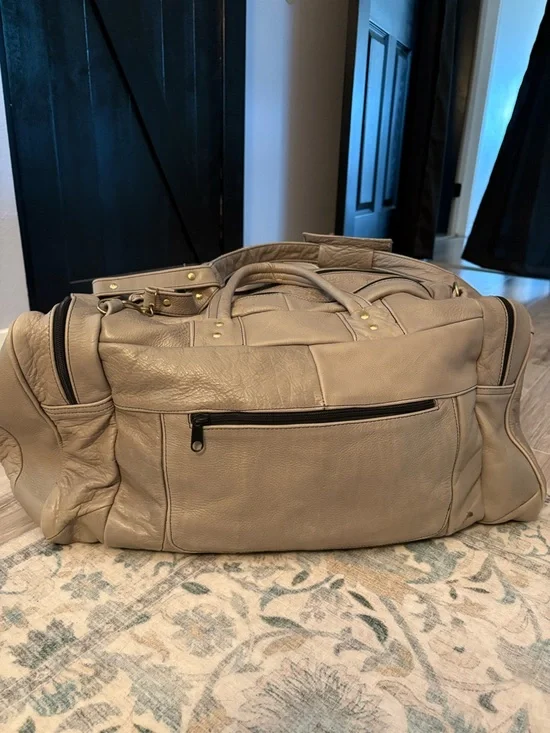 Men's grey genuine Leather Duffel Bag with Multiple Pockets