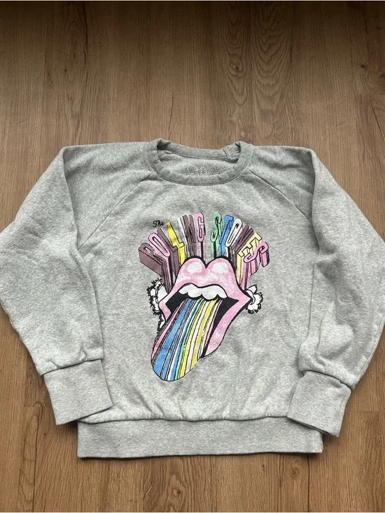 Chaser Kids Rolling Stones Rainbow Tongue Graphic Sweatshirt Heather Gray Sz 10