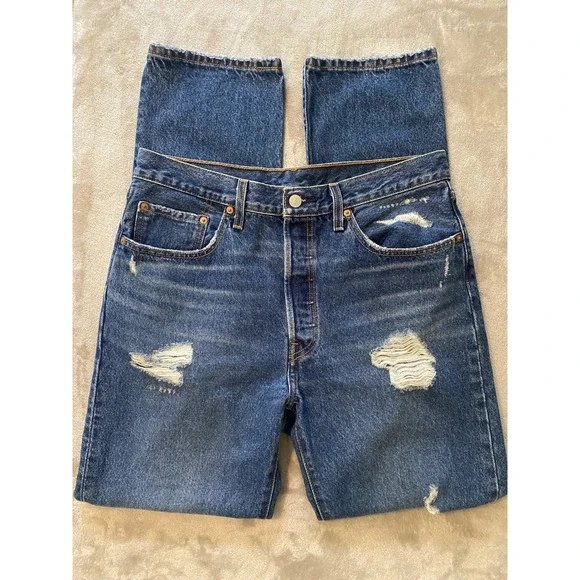 Levi's 501 Jeans 31x32 Blue Reworked Distressed Ripped Button Fly Streetwear