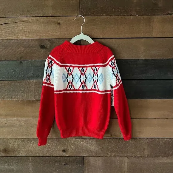 Vintage Kids 70's JCPenney Sweater Red White Blue Pull Over Ski Sweater