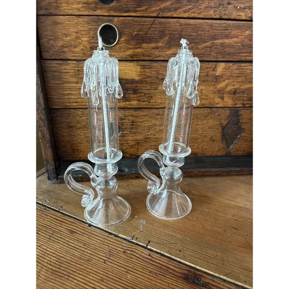 Set Of 2 Catskill‎ Mountain? Crystal Glass Chamber Stick Drip Oil Candle 7