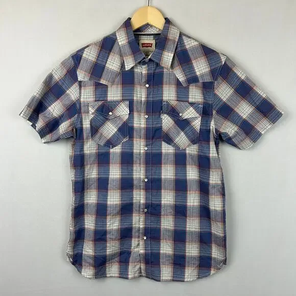 Levi's Plaid Pearl Snap Short Sleeve Button Up Shirt Blue/Red Men's Size S