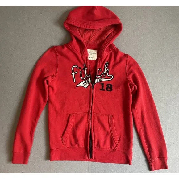 Abercrombie‎ & Fitch 14/16 Kids Zip Hoodie Sweatshirt Red Y2K NY Holiday Unisex