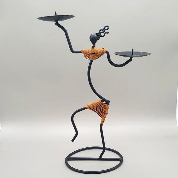 Tribal Black & Wicker Metal Figurine Candleholder