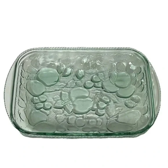 Vintage Libbey Orchard Fruit Green Glass Casserole Oven Proof Baking Dish 9”x13”