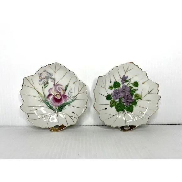 2 Vintage Nasco Japan violet Floral Trinket Dish Leaf Shape 5