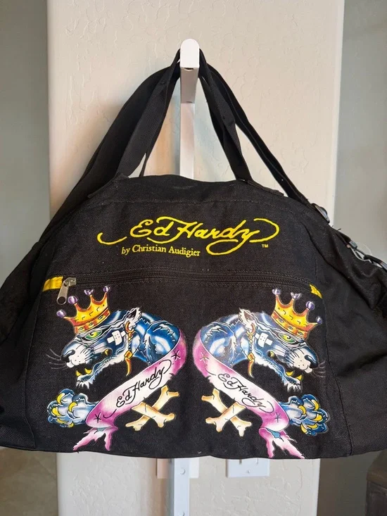 Ed Hardy by Christian Audigier panther Bowling Jean canvas black duffle bag