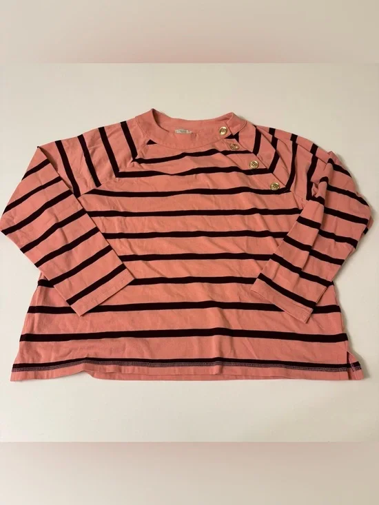 Talbots Pink and Black Striped Button-Shoulder Long Sleeve Top