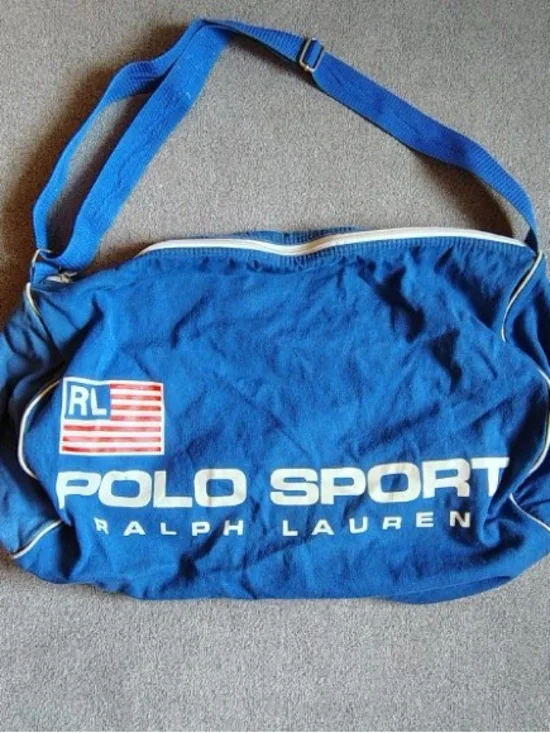 Vtg 90s Polo Sport Ralph Lauren Duffel Bag Large Logo Blue White Piping Flag Gym