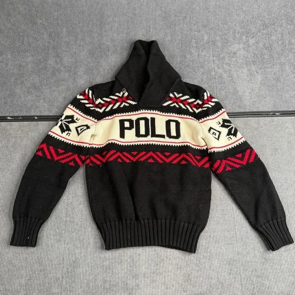 Polo Ralph Lauren Kids Shawl Neck Sweater Size 7 Black Red White Fair Isle Knit