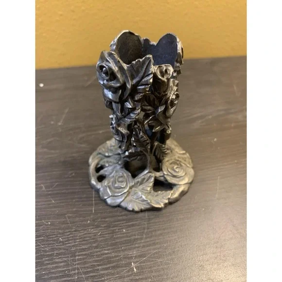 Vintage Silver Tone Pewter Metal Floral‎ Candle Holder