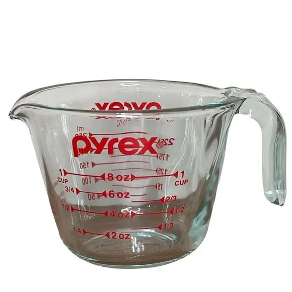 Vintage pyrex USA One Cup Glass Measuring Cup Red Graphics Retro Like New