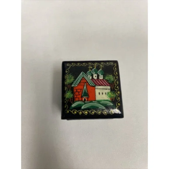 Vintage Miniature Russian Lacquer Black Hand Painted Trinket‎ Box Red Interior